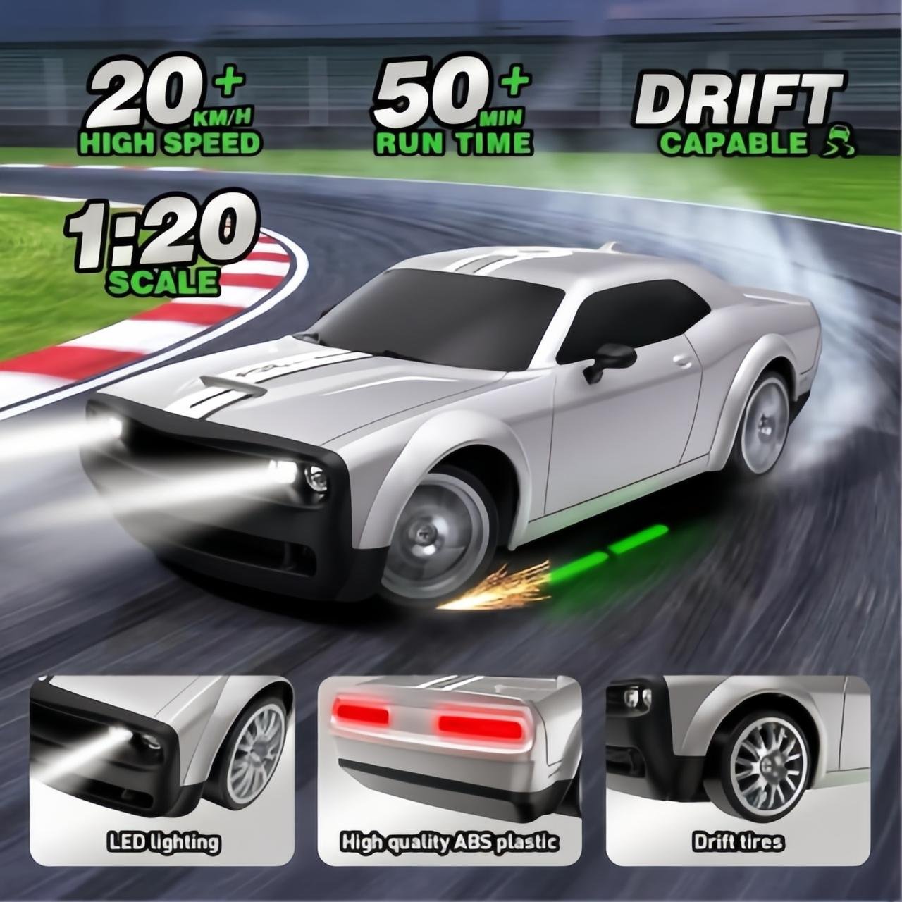 4WD High-Speed RC Drift Car: 1:20 Scale 2.4GHz Remote Control Racing Car with LED Lights & 2 Batteries - Silver