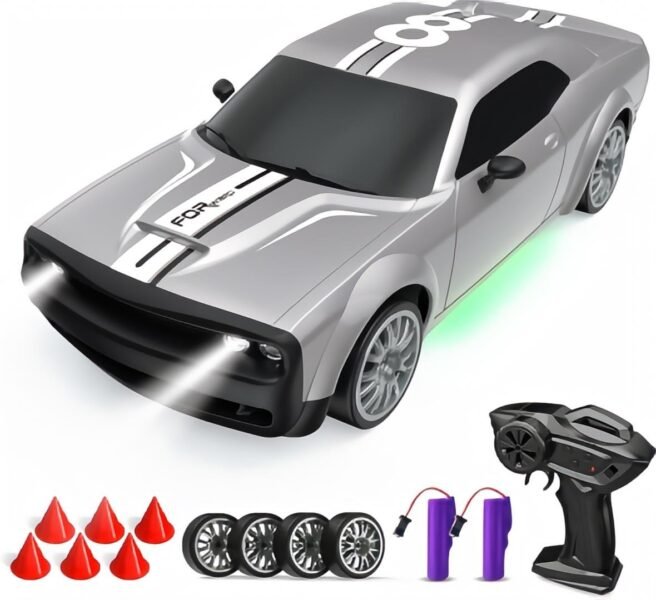 4WD High-Speed RC Drift Car: 1:20 Scale 2.4GHz Remote Control Racing Car with LED Lights & 2 Batteries - Silver