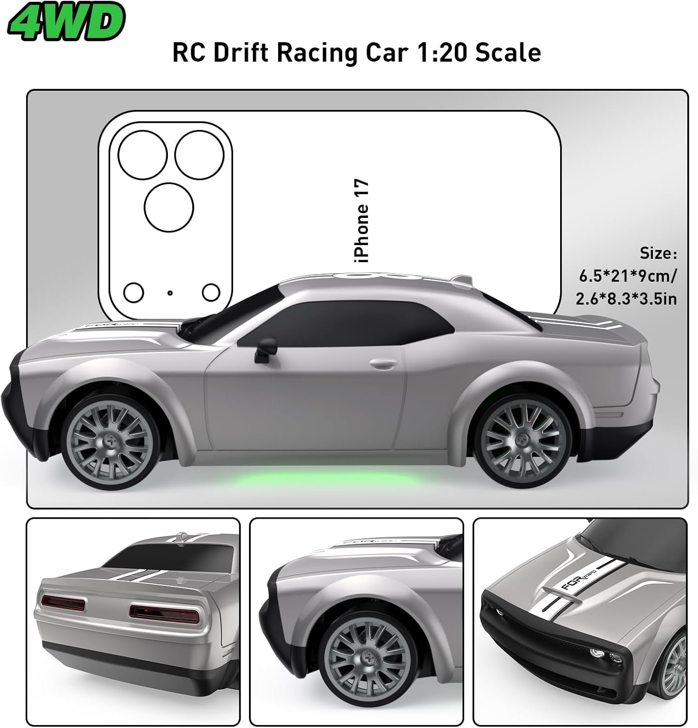 4WD High-Speed RC Drift Car: 1:20 Scale 2.4GHz Remote Control Racing Car with LED Lights & 2 Batteries - Silver