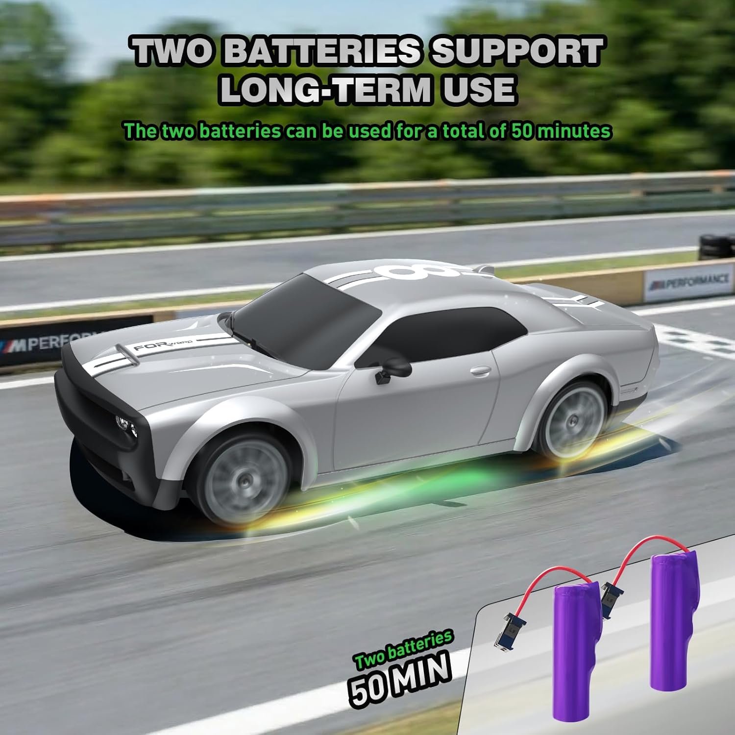 4WD High-Speed RC Drift Car: 1:20 Scale 2.4GHz Remote Control Racing Car with LED Lights & 2 Batteries - Silver