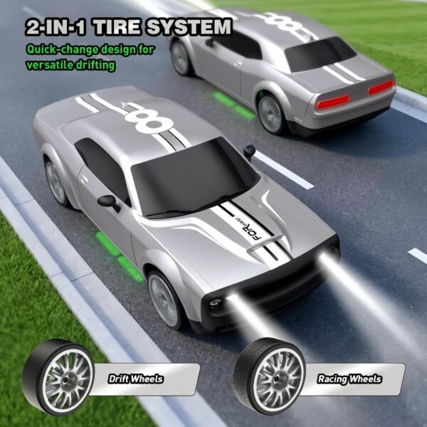 1:20 High-Speed 4WD RC Drift Car – Silver Muscle Racing Car with LED Lights, Spare Tires & Cones for Kids