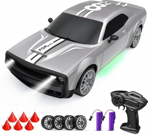 1:20 High-Speed 4WD RC Drift Car – Silver Muscle Racing Car with LED Lights, Spare Tires & Cones for Kids