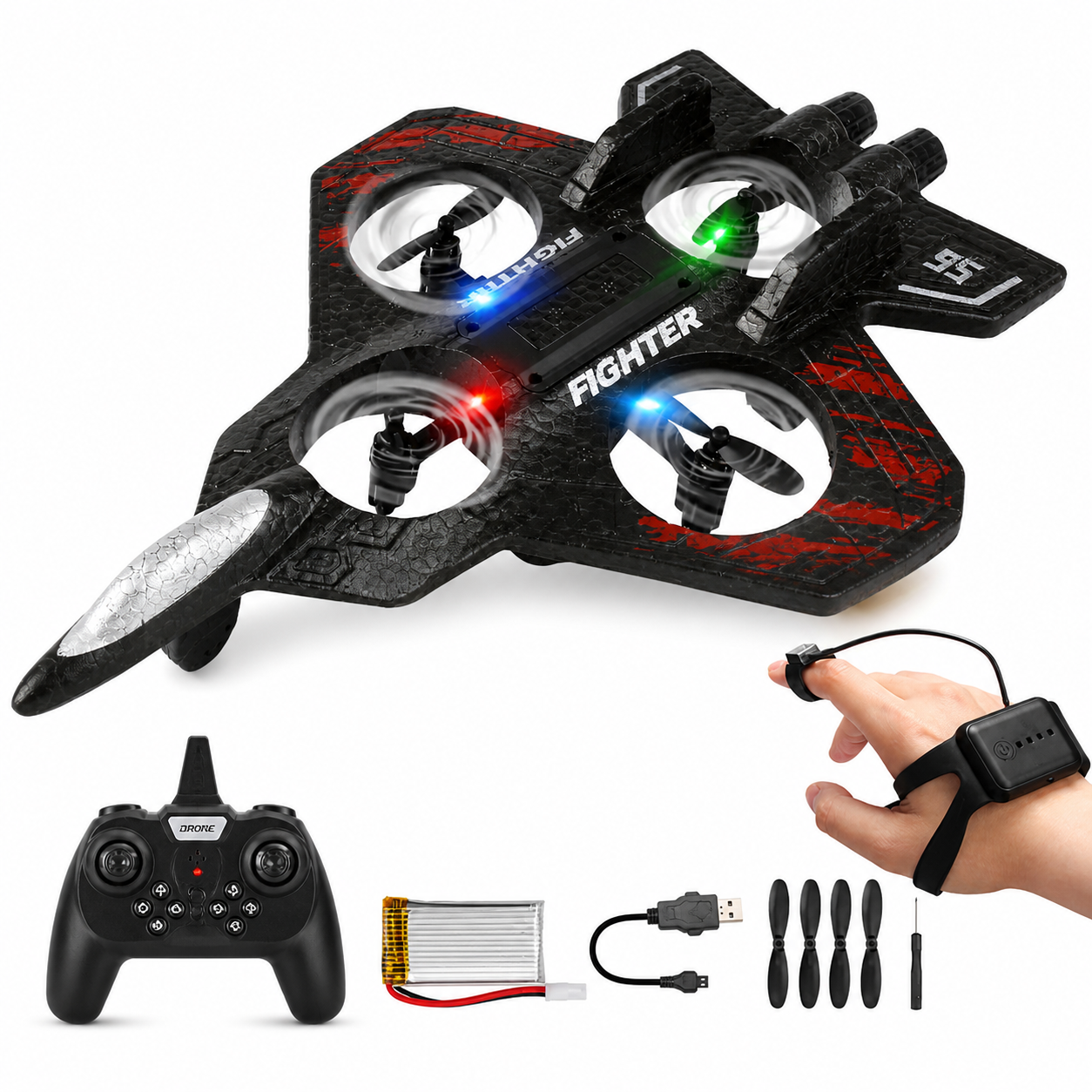 4-Channel RC Fighter Jet Drone with LED Lights – High-Speed Remote Control Airplane Toy for Kids & Adults